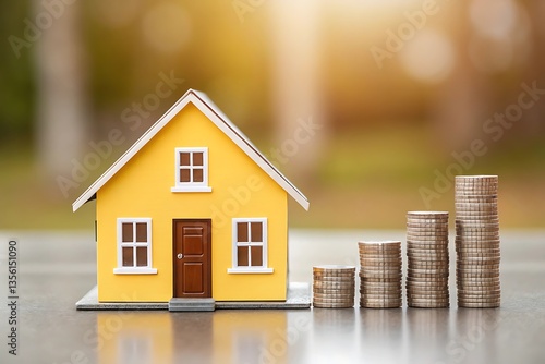 Real estate investment: yellow house model with stacked coins
