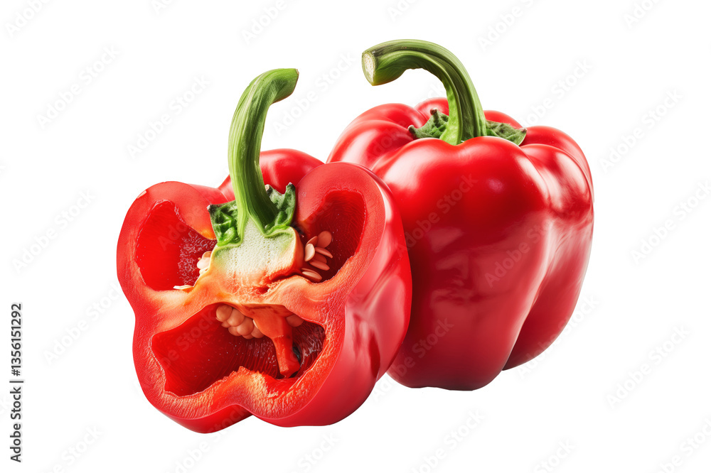 Whole red bell pepper with a sliced half showing seeds and texture, isolated on white transparent background. Concept of fresh vegetables and healthy food Whole red bell pepper with a sliced half showing seeds and texture, isolated on white transparent background. Concept of fresh vegetables and healthy food