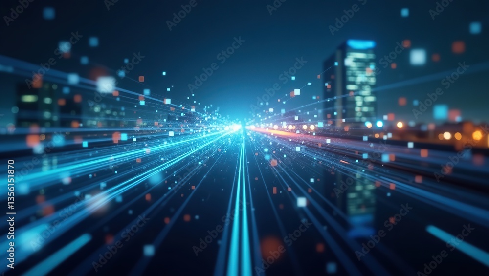 Fototapeta premium A 5G network visualization with fast-moving data signals in the air, emphasizing speed and connectivity in a city filled with advanced, connected devices.