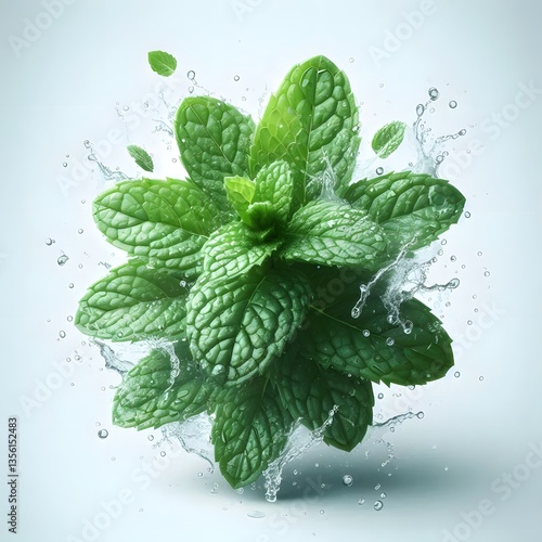 A fresh mint leaves with splashing water drops isolated on white background