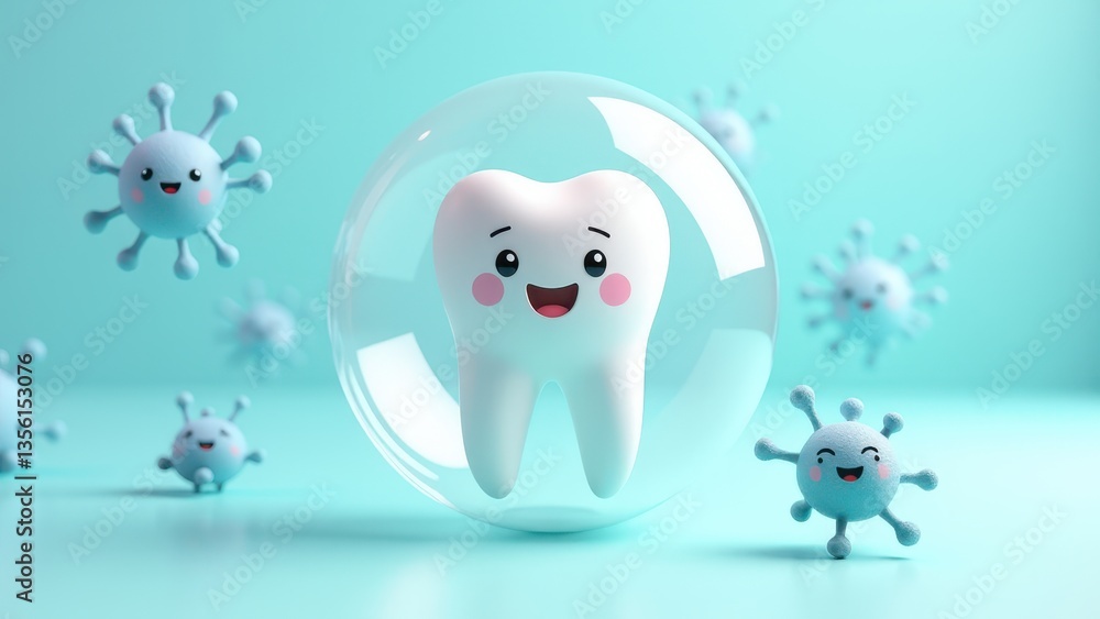 Adorable cartoon tooth shielded from bacteria, 3D rendering for kids dental care. Adorable cartoon tooth shielded from bacteria, 3D rendering for kids dental care.