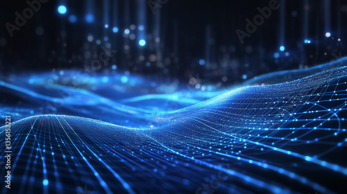 Glowing digital network with interconnected points on a dark background symbolizing data flow and communication