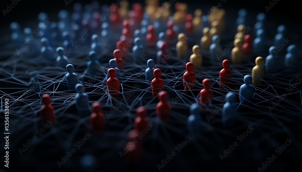 Fototapeta premium Abstract human avatars connected in a radiant, colorful network grid, showcasing teamwork, HR strategies, and digital collaboration, professional vector style, ultrarealistic, 4K