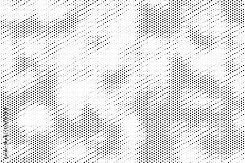 Grunge halftone gradient texture. Faded grit noise background. Sandy gritty wallpaper. Retro pixelated backdrop. Black and white anime or manga comic overlay. Vector graphic design textured halftone.