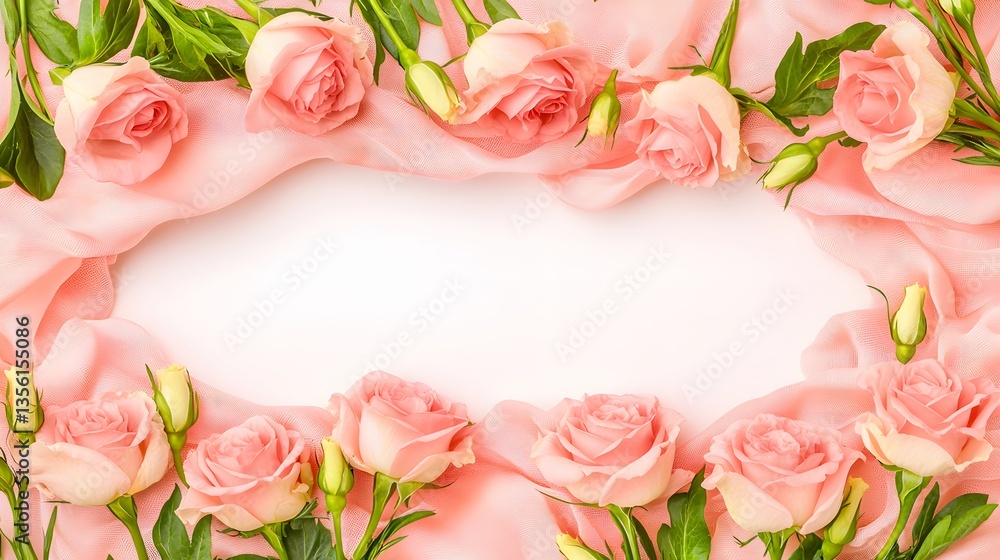 Obraz premium Pink Roses and Delicate Green Foliage Framing a Blank Space on White Background for Elegant Designs