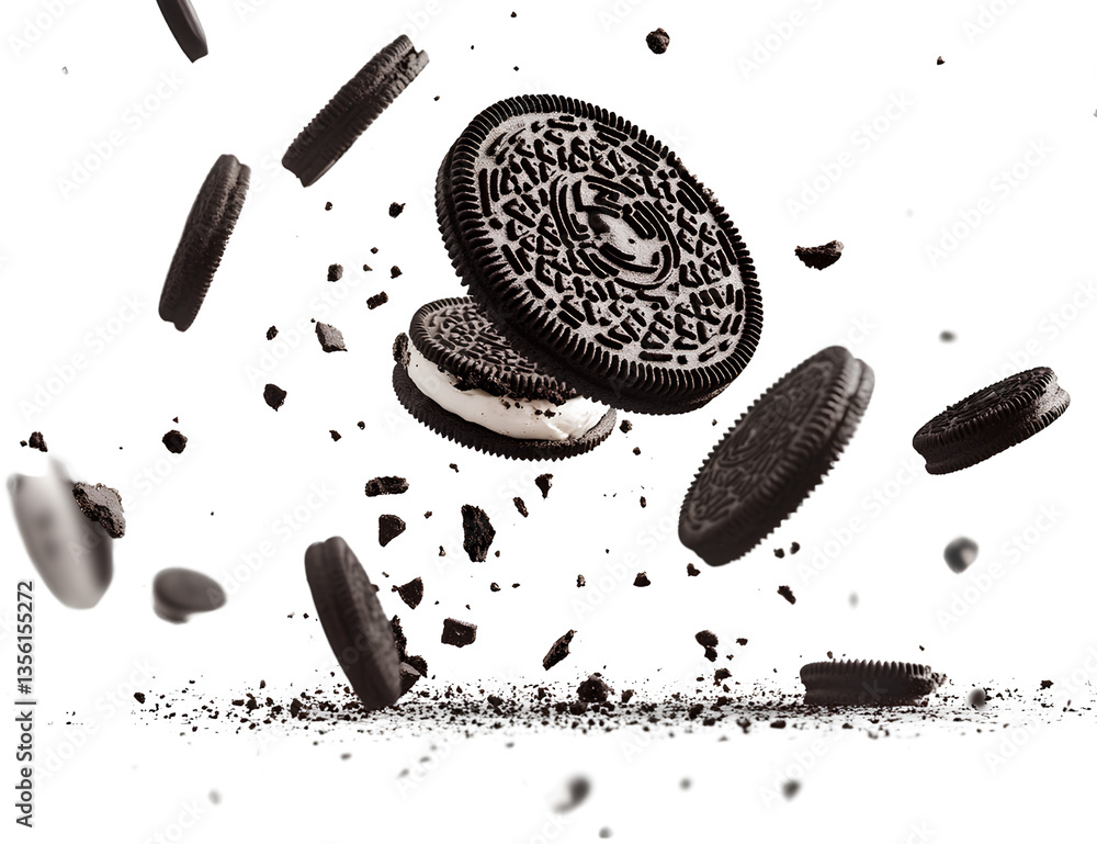 Oreo cookies falling down, flying around, from different angles, on a transparent background - Oreo cookies falling down, flying around, from different angles, on a transparent background (2) Oreo cookies falling down, flying around, from different angles, on a transparent background - Oreo cookies falling down, flying around, from different angles, on a transparent background (2)