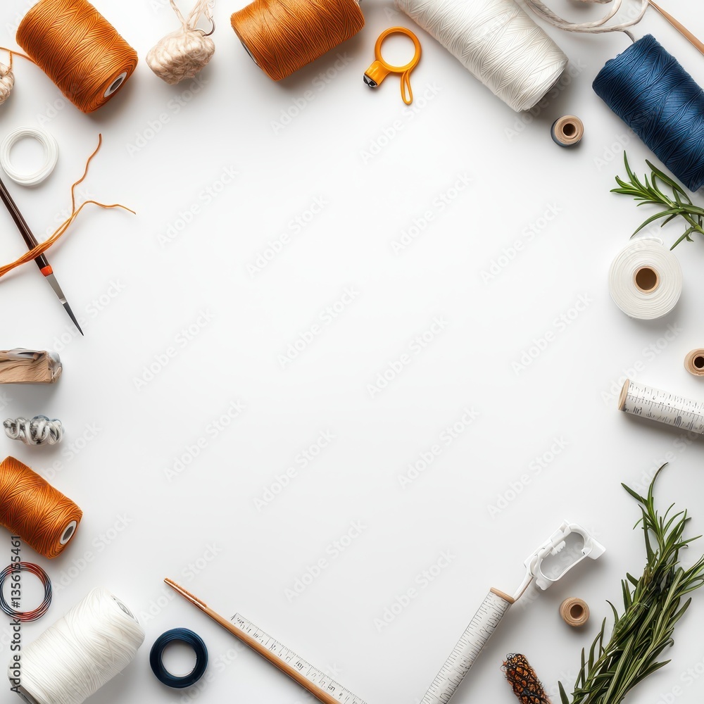 Colorful thread and crafting supplies arranged on a white background.