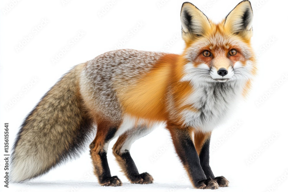 Obraz premium Red fox standing on a white background showcasing its vibrant fur and curious expression