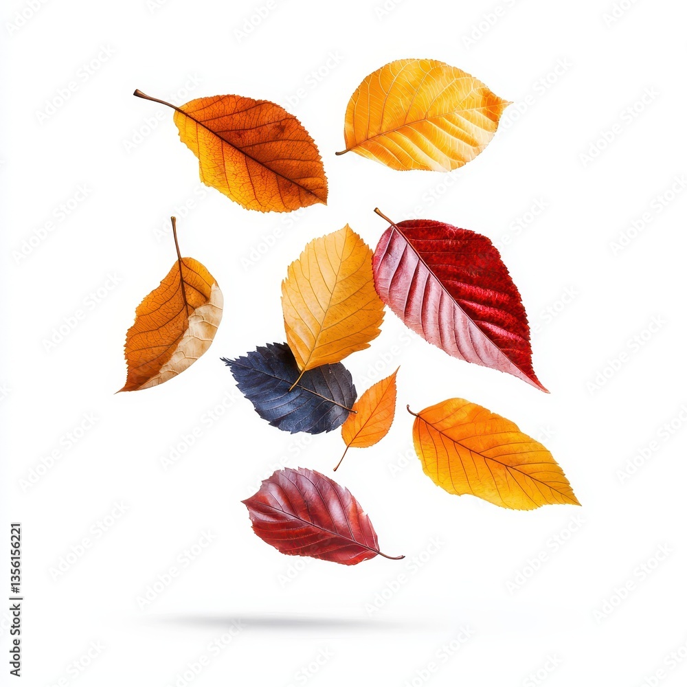 Fototapeta premium Colorful autumn leaves in various shapes falling gracefully against a white background.