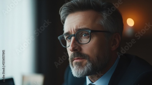 Man with glasses looking thoughtful