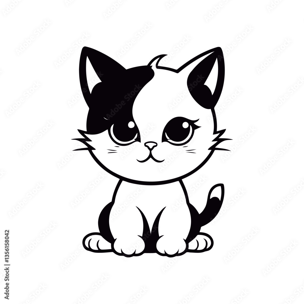 A black and white vector silhouette of a tiny cat with a sorrowful gaze, its tail wrapped around its body on a white background A black and white vector silhouette of a tiny cat with a sorrowful gaze, its tail wrapped around its body on a white background