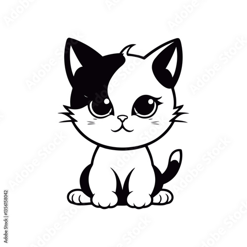 A black and white vector silhouette of a tiny cat with a sorrowful gaze, its tail wrapped around its body on a white background