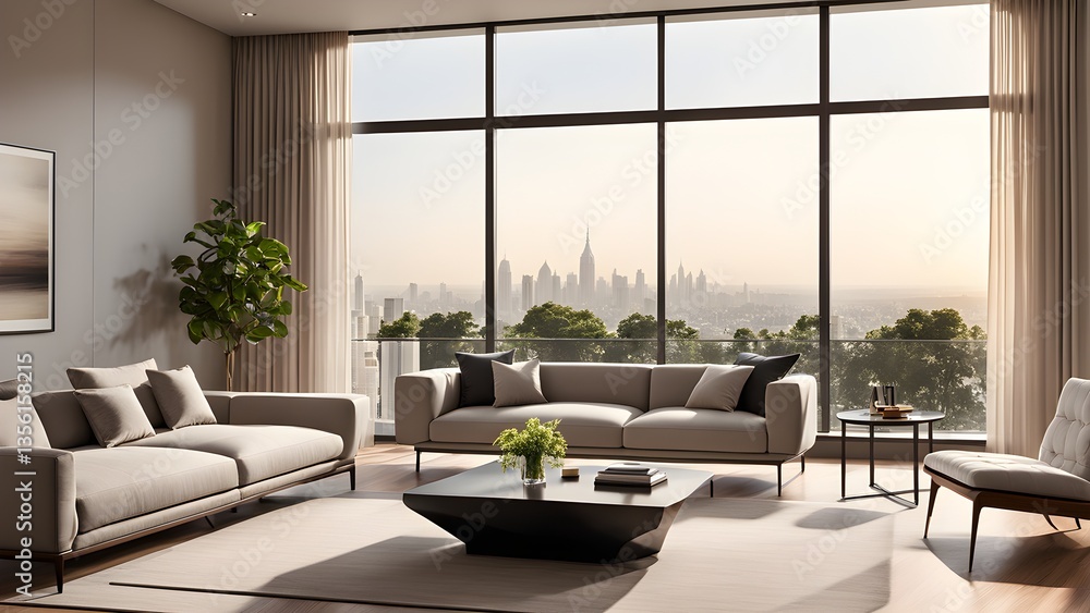 Fototapeta premium Modern living room interior design showcasing beige sofas, city skyline view from large windows, minimalist decor.