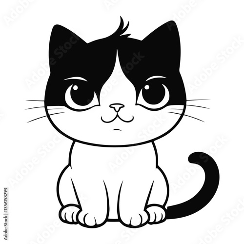 A simple black and white vector illustration of a baby cat looking down with a sorrowful expression on a clean white background