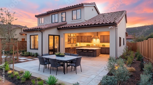 Elegant home with patio and outdoor kitchen under soft sunset glow, serene and inviting atmosphere.