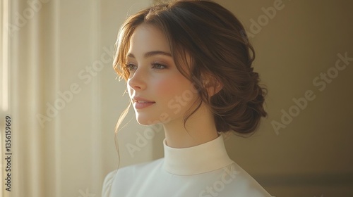 A young woman is gazing thoughtfully out the window, her hair styled in an elegant updo. Soft natural light highlights her features, creating a peaceful atmosphere in the cozy room.
