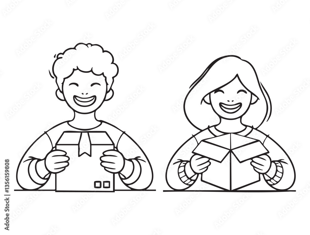 Man and woman unpacking a delivered package with hand drawn vector illustration. Doodle style. Isolated and easy to use for creative projects and designs.