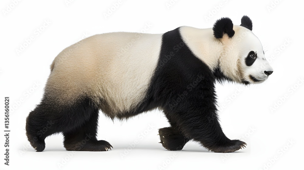 Naklejka premium Side View of a Playful Panda Walking Gracefully on a White Background Representing Wildlife Conservation