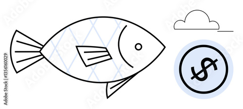Fish outlined with scales beside a dollar sign in a circle under a cloud. Ideal for sustainability, economy, marine life, fishing industry, climate change, conservation, financial growth. Flat simple