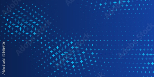 Medical blue background. Healthcare blue circle pattern with glowing plus signs. Abstract futuristic digital backdrop with pixelated geometric elements. Modern technology vector illustration.