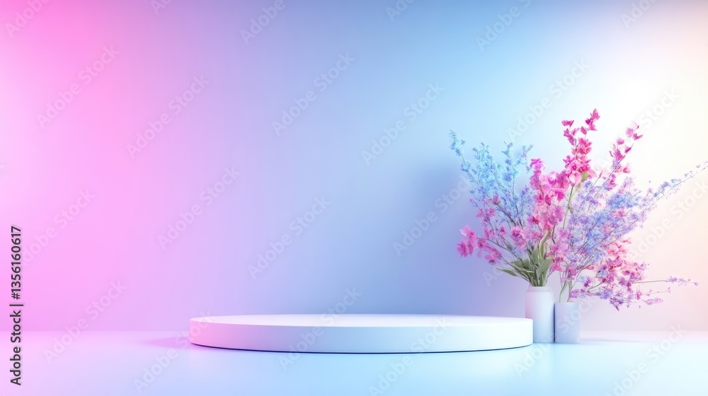 Obraz premium Empty round podium with flowers in vibrant pastel hues