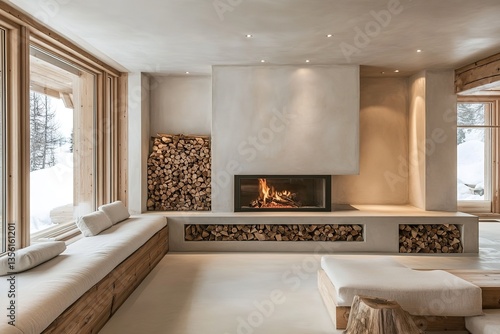 Scandinavian-style interior with fireplace, niches in wall where wood is stored