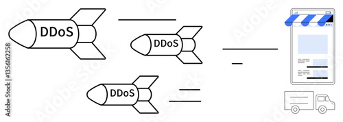 Incoming DDoS-labeled missiles approach an online storefront with a delivery vehicle nearby. Ideal for cybersecurity, threat awareness, internet protection, website security, digital attacks