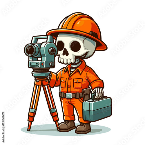 Skeleton surveyor with theodolite and toolbox, ideal for construction or land development projects