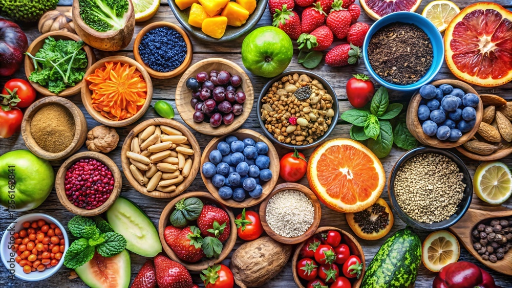 A Vibrant Palette of Wellness: An overhead shot of an assortment of fresh, colorful fruits, vegetables, nuts and seeds arranged artfully in small wooden bowls. A Vibrant Palette of Wellness: An overhead shot of an assortment of fresh, colorful fruits, vegetables, nuts and seeds arranged artfully in small wooden bowls.