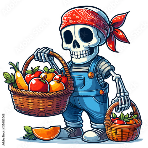 Skeleton farmer with produce baskets, great for agriculture or organic food marketing