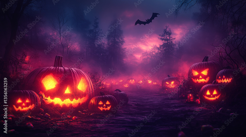 Glowing Jack O'Lanterns on Spooky Halloween Forest Path
Glowing Jack O'Lanterns on Spooky Halloween Forest Path