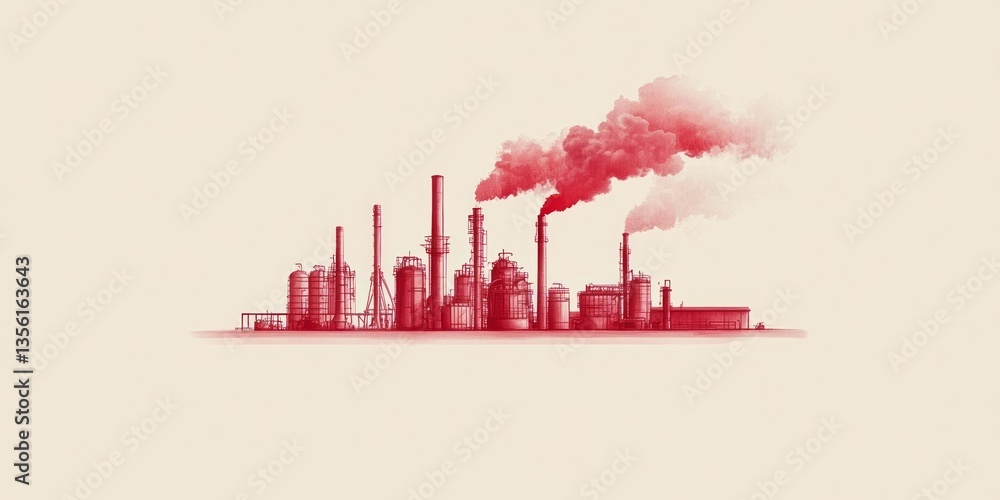 Fototapeta premium Red industrial complex emitting smoke against a cream background