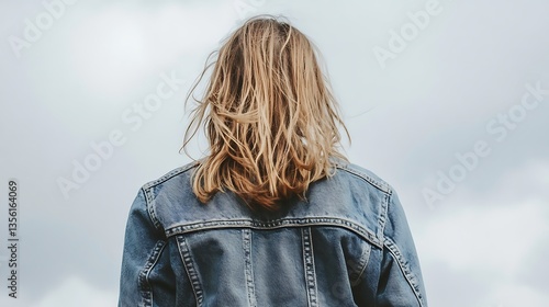 Wallpaper Mural Woman with long blonde hair, back view, wearing denim jacket, cloudy sky. Torontodigital.ca