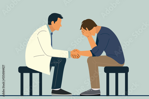 psychologist holding hand of young man patient, mental health care support, consult of depression sad anxiety , social bully , broken relationship