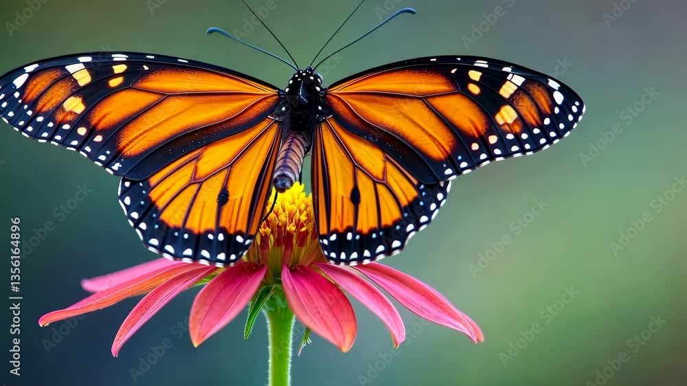 Monarch butterfly feeding on a vibrant milkweed flower, close-up detail of its wings Monarch butterfly feeding on a vibrant milkweed flower, close-up detail of its wings