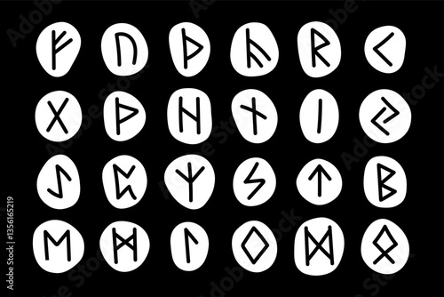 Runes ink black silhouettes, symbols big set, clipart, cutting board art. Scandinavian, celtic druid traditional magic fortune teller device. Simple modern editable design.