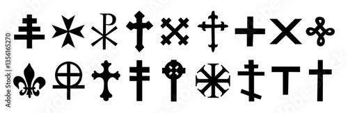 Cross large set of elements. Christian ritual religious attribute. Christianity. Simple modern design, ink black silhouettes, symbols big set, clipart, cutting board art