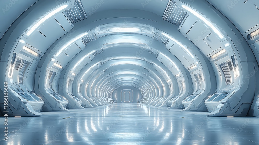 Obraz premium Empty futuristic agricultural hangar with bright lighting, expansive open space, and futuristic design