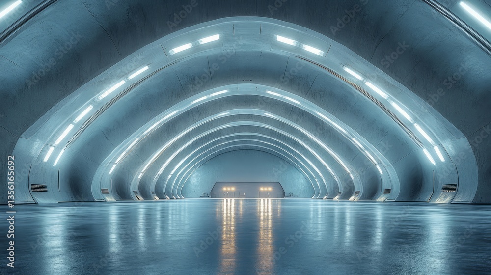 Fototapeta premium Empty futuristic agricultural hangar with bright lighting, expansive open space, and futuristic design