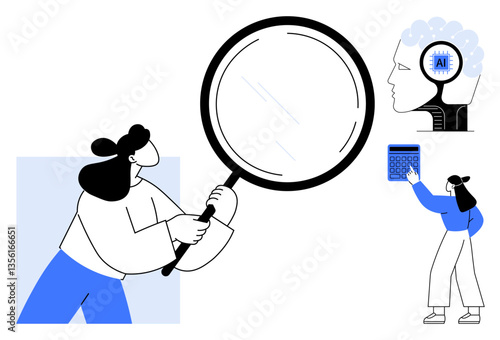 Woman holding large magnifying glass, AI interface in brain, person using calculator. Ideal for analysis, research, technology, AI, learning, problem solving exploration flat simple metaphor