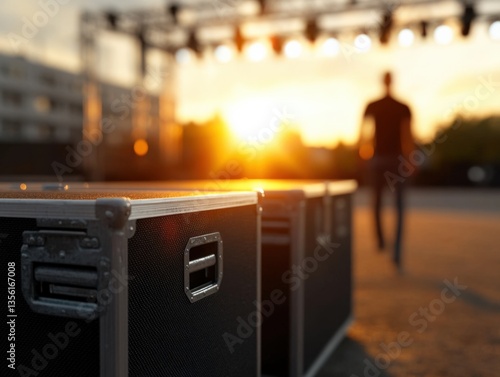 Outdoor event setup at sunset