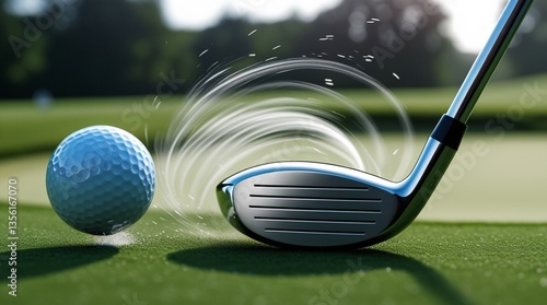 Golf club hitting a golf ball on a green