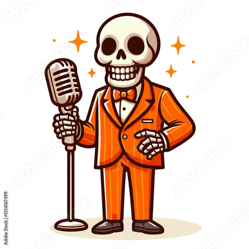 Entertainment skeleton announcer in orange suit with vintage microphone. Perfect for podcast branding or comedy show promotional material.
