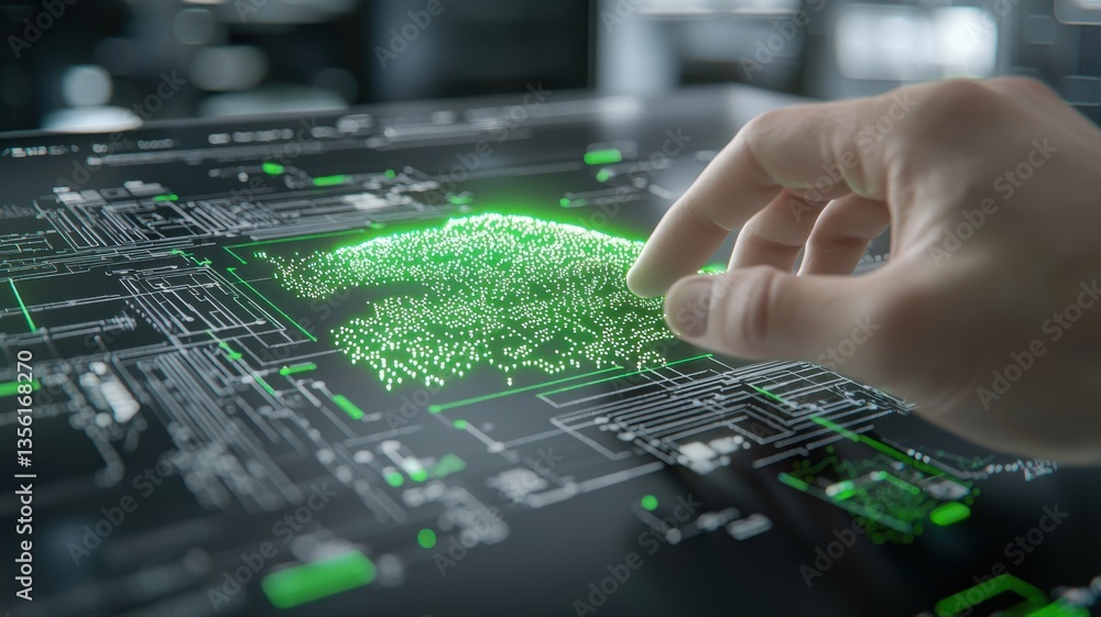 Obraz premium Futuristic hand interacting with a digital interface displaying green data points and circuit patterns.
