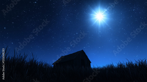 The Star of Bethlehem glowing above a peaceful Christmas Nativity stable. Sacred biblical scene with warm light, rustic details and a serene atmosphere symbolizing hope, faith and the Christmas story.