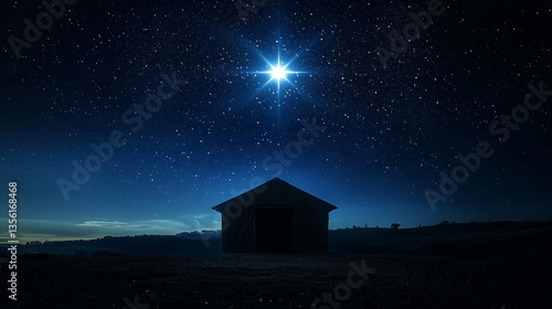 The Star of Bethlehem glowing above a peaceful Christmas Nativity stable. Sacred biblical scene with warm light, rustic details and a serene atmosphere symbolizing hope, faith and the Christmas story.