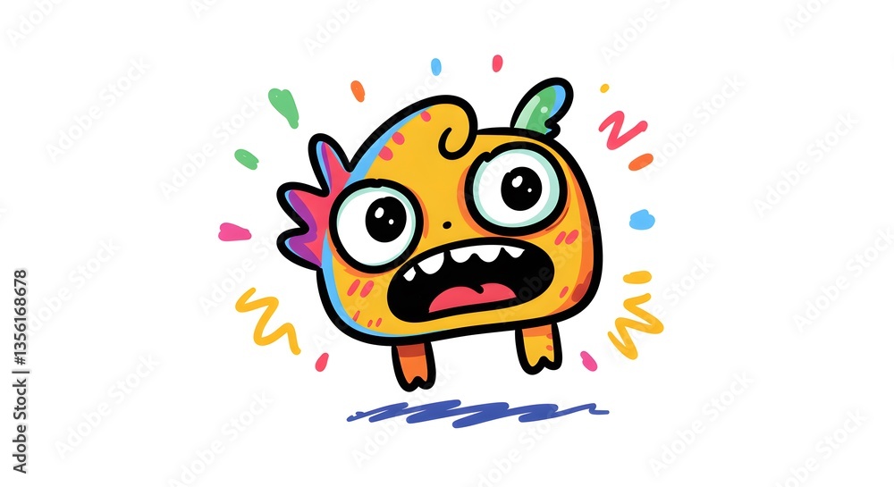 Playful and colorful monster character with a surprised expression, large eyes, and vibrant rainbow accents. Standing on a white background with dynamic motion lines.