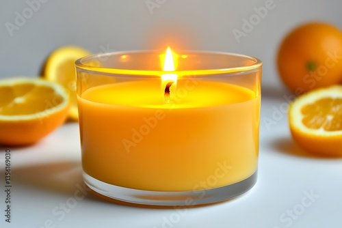 Burning orange candle with citrus fruit