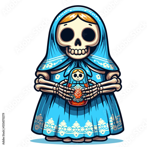 Maternal skeleton in blue folk dress holding traditional Russian doll. Great for cultural heritage illustration or family tradition themes.