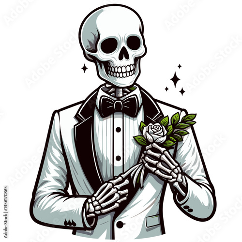 Elegant skeleton groom in white tuxedo holding rose. Perfect for wedding industry humor or romantic event promotional materials with edge.